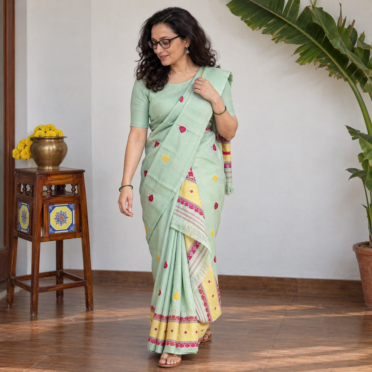 Green Assam Handloom Silk Cotton Mekhela Chador with Blouse Piece, draped and worn by a woman, AI visual of the saree, iTokri