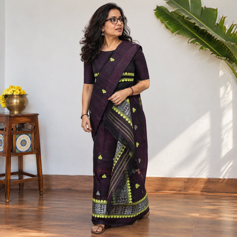 Purple Assam Handloom Silk Cotton Mekhela Chador with Blouse Piece, draped and worn by a woman, AI visual of the saree, iTokri