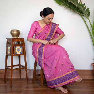 Pink Assam Handloom Silk Cotton Mekhela Chador with Blouse Piece, draped and worn by a woman, AI visual of the saree, iTokri