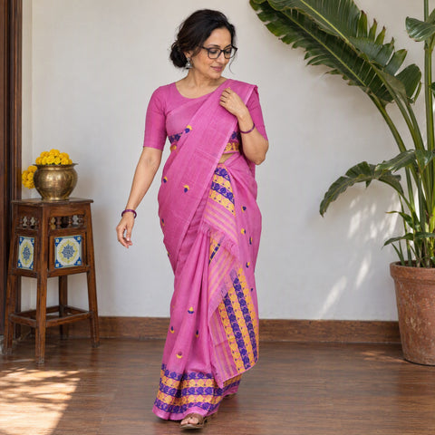 Pink Assam Handloom Silk Cotton Mekhela Chador with Blouse Piece, draped and worn by a woman, AI visual of the saree, iTokri