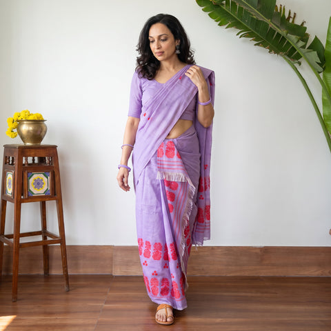 Purple Assam Handloom Tussar Mekhela Chador with Blouse Piece, draped and worn by a woman, AI visual of the saree, iTokri