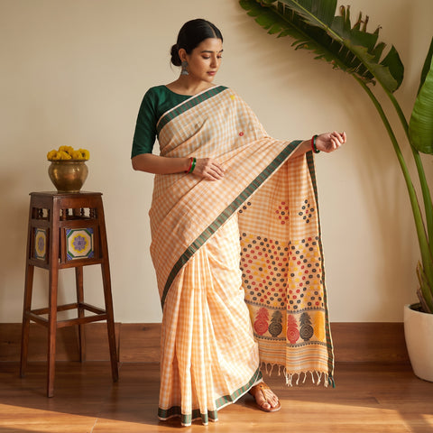 Brown Assamese Nuni Silk Mising Handloom Saree, draped and worn by a woman, AI visual of the saree, iTokri
