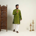Avocado Green Slub Silk Kurta for Men with embellished Neckline Work