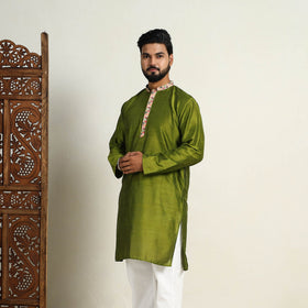 Avocado Green Slub Silk Kurta for Men with embellished Neckline Work