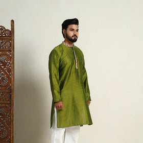 Avocado Green Slub Silk Kurta for Men with embellished Neckline Work