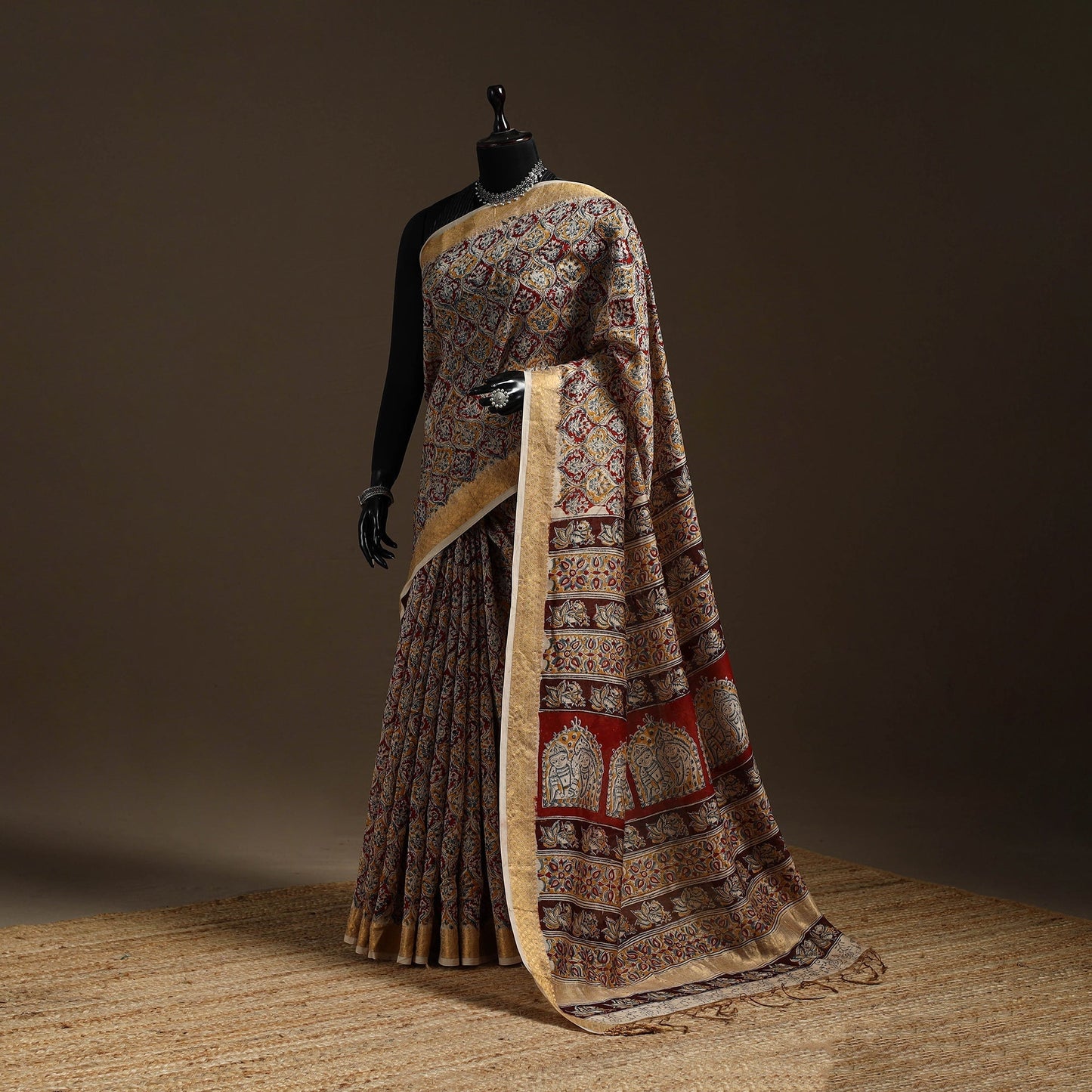 Brown - natural dyed pedana chanderi silk kalamkari saree