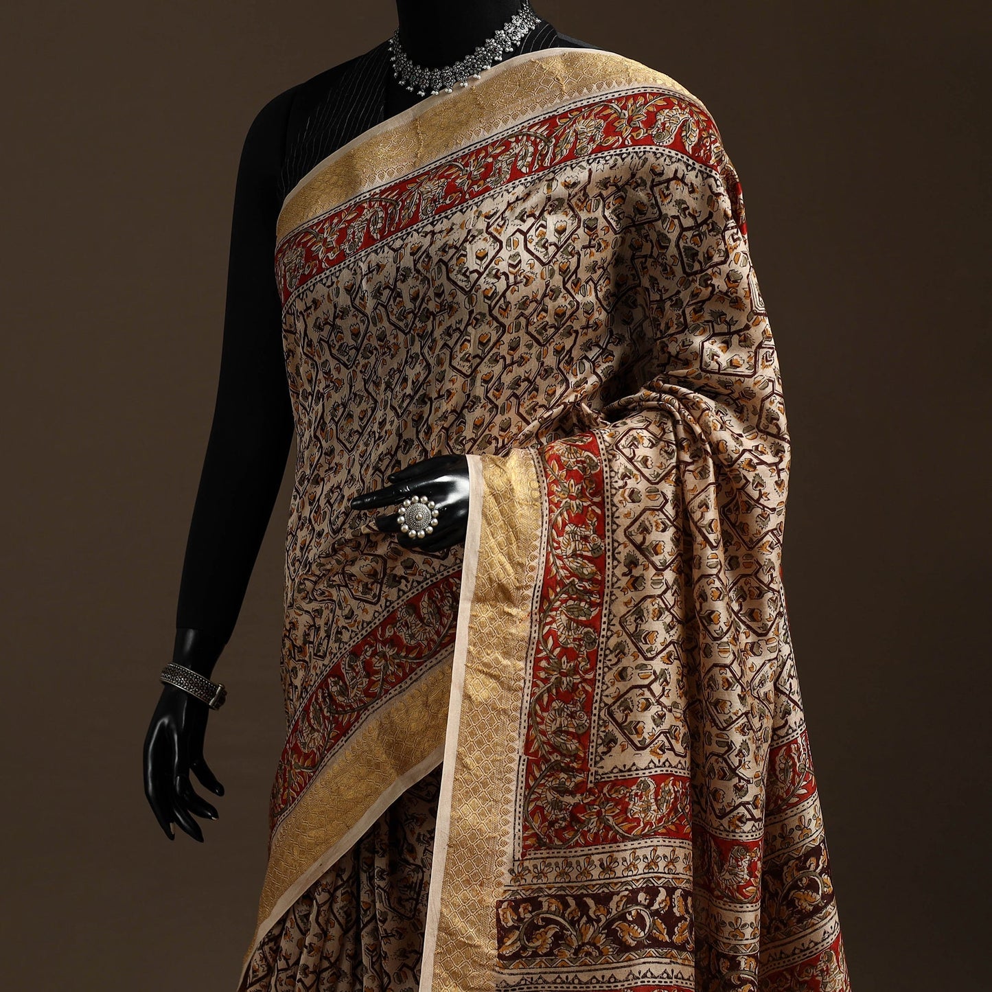 Brown - natural dyed pedana chanderi silk kalamkari saree