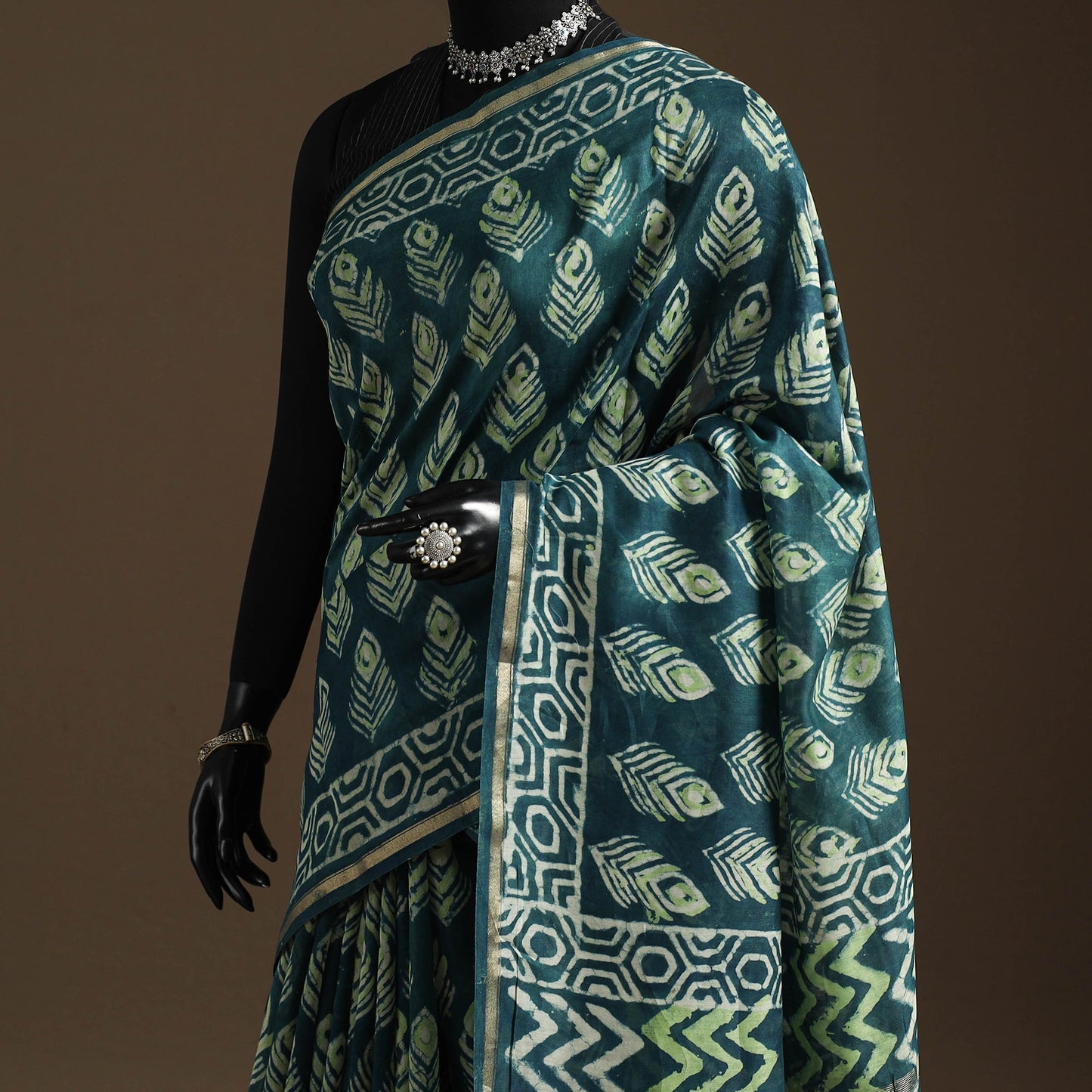 Green - Chanderi Silk Hand Block Print Bagru Saree with Zari Border 22