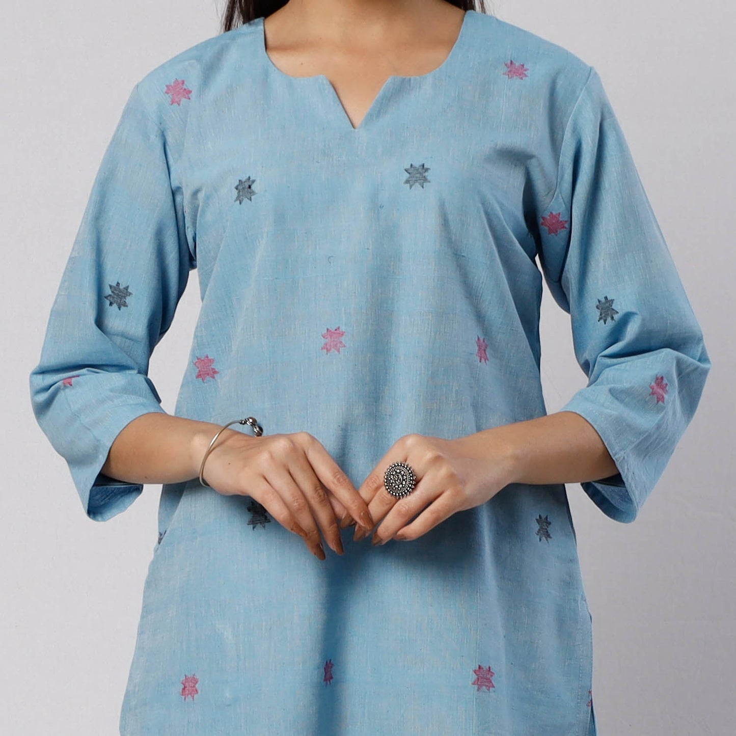 Baby Blue Jamdani Handloom Cotton Short Kurta
