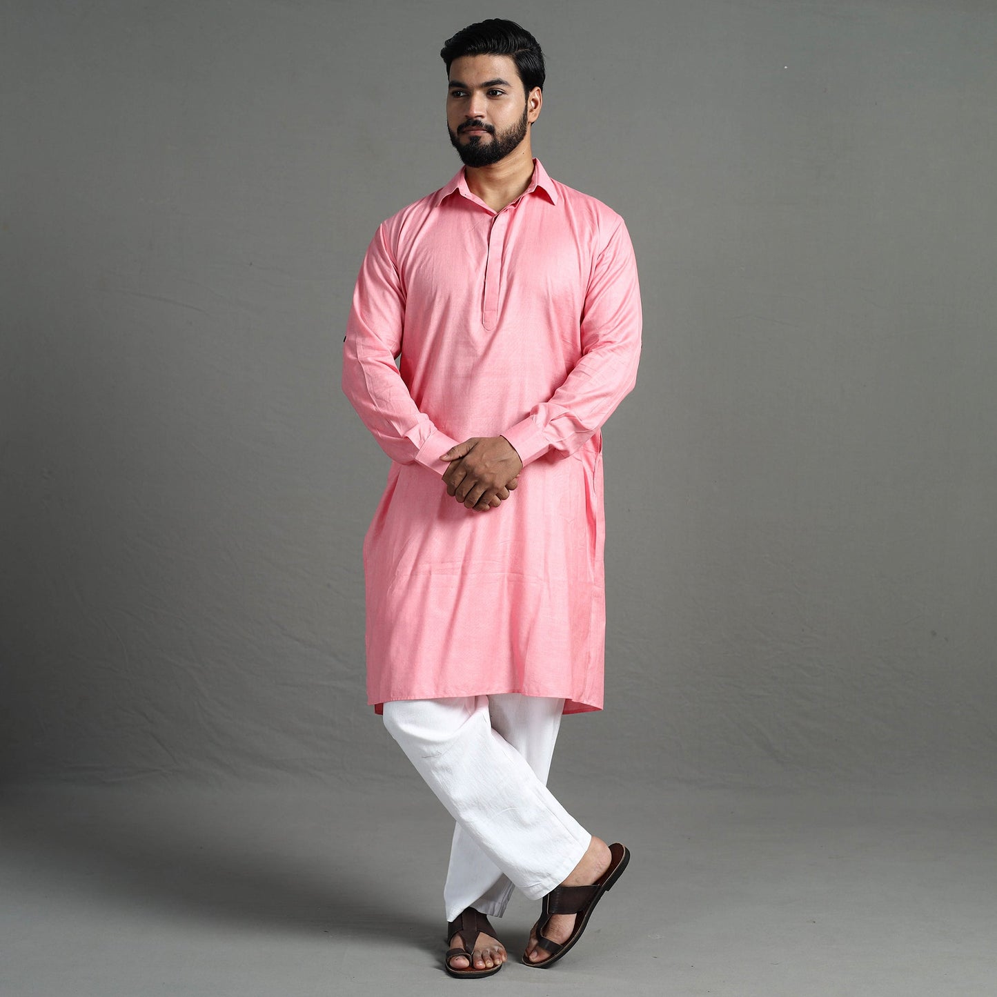 Baby pink - linen viscose plain men long pathani kurta