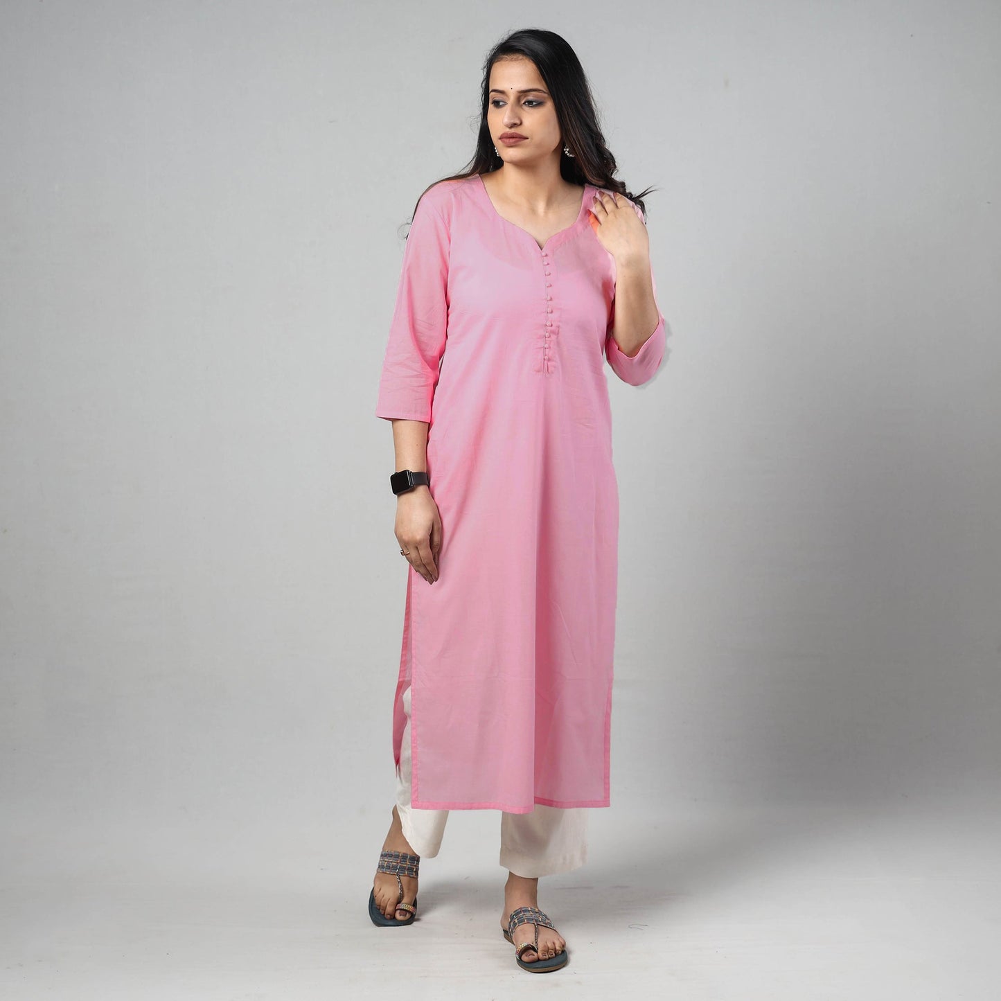 Buy Pink Plain Cotton Long Straight Kurta 11 Online at iTokri.com