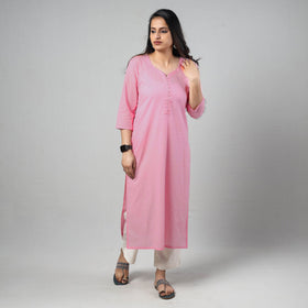 Buy Pink Plain Cotton Long Straight Kurta 11 Online at iTokri.com