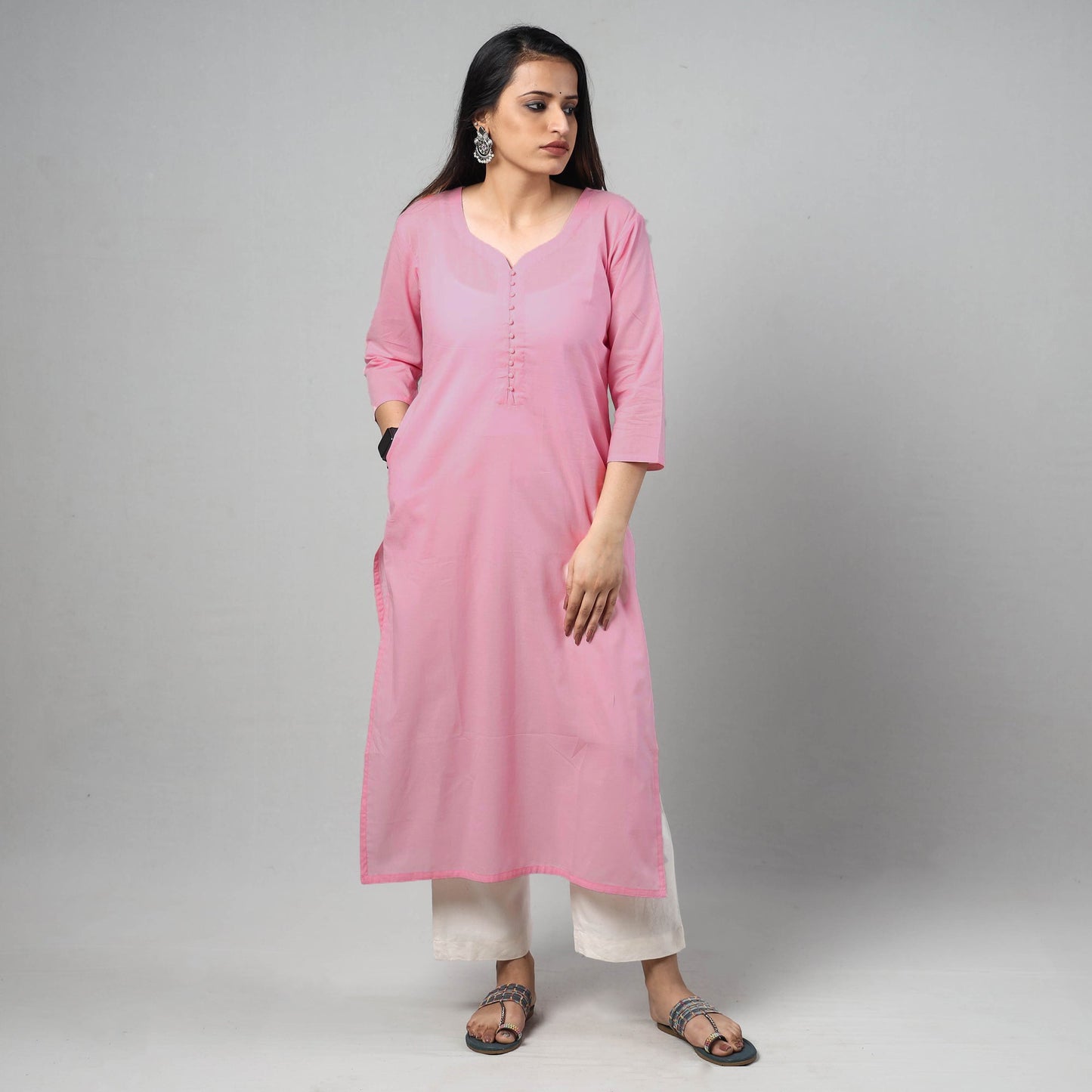 Buy Pink Plain Cotton Long Straight Kurta 11 Online at iTokri.com