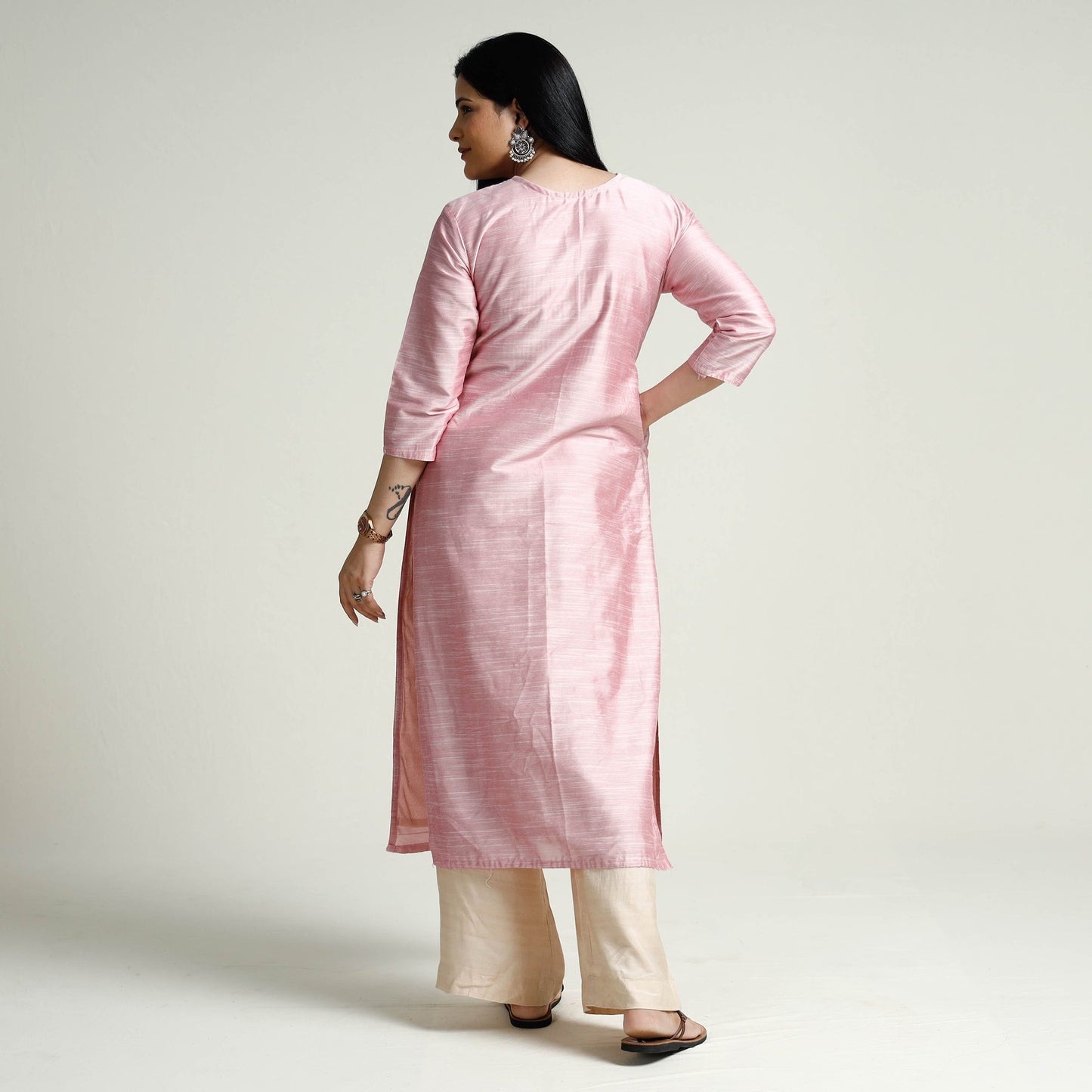 Baby Pink - Plain Silk Pintuck Long Kurta