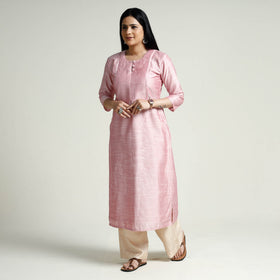 Baby Pink - Plain Silk Pintuck Long Kurta