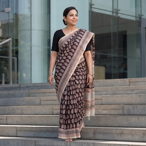 Black Bagh Block Printed Natural Dyed Chanderi Silk Saree, draped and worn by a woman, AI visual of the saree, iTokri