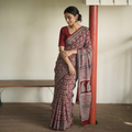 Red Bagh Hand Block Print Natural Dyed Cotton Saree, draped and worn by a woman, AI visual of the saree, iTokri