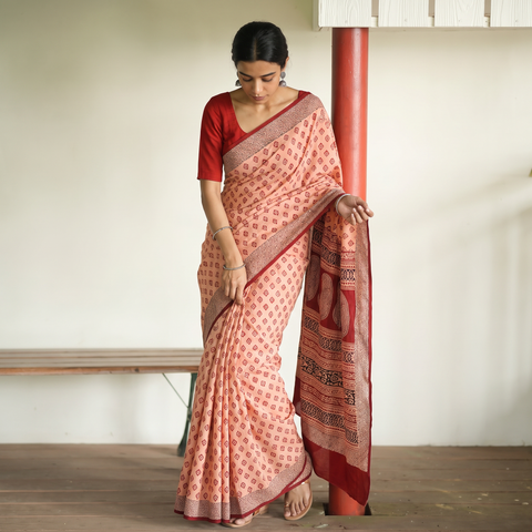 Peach Bagh Hand Block Print Natural Dyed Cotton Saree, draped and worn by a woman, AI visual of the saree, iTokri