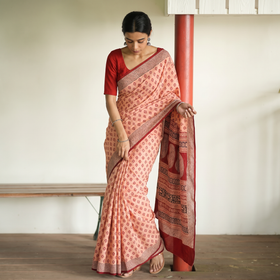 Peach Bagh Hand Block Print Natural Dyed Cotton Saree, draped and worn by a woman, AI visual of the saree, iTokri