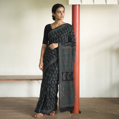 Green Bagh Hand Block Print Natural Dyed Cotton Saree, draped and worn by a woman, AI visual of the saree, iTokri