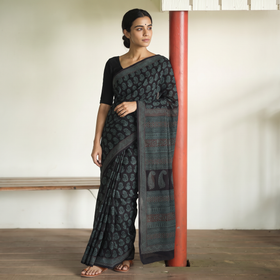 Green Bagh Hand Block Print Natural Dyed Cotton Saree, draped and worn by a woman, AI visual of the saree, iTokri