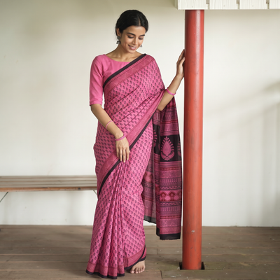 Pink Bagh Hand Block Print Natural Dyed Cotton Saree, draped and worn by a woman, AI visual of the saree, iTokri
