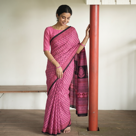 Pink Bagh Hand Block Print Natural Dyed Cotton Saree, draped and worn by a woman, AI visual of the saree, iTokri