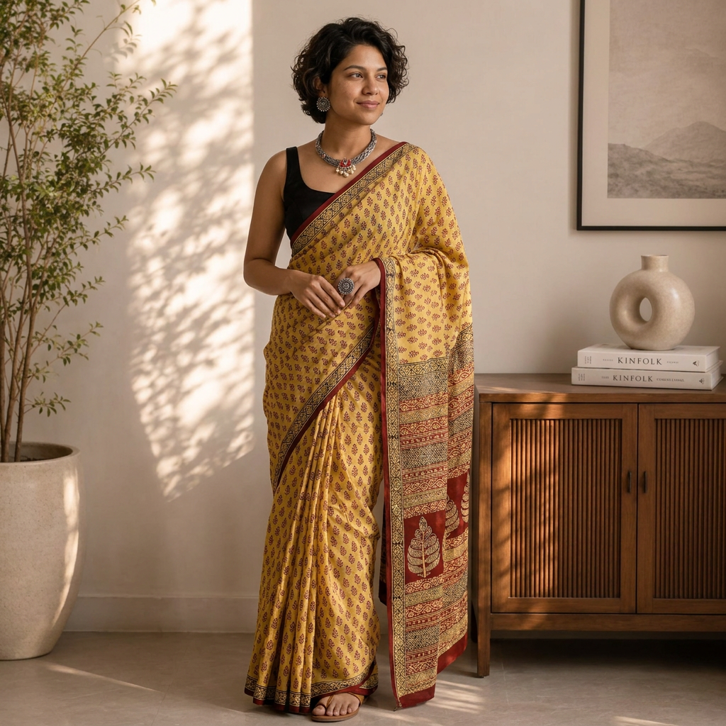 AI visual: model wearing the yellow Bagh hand block print natural dyed cotton saree with maroon buti and a leaf motif pallu, in a sunlit room