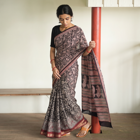 Red Bagh Hand Block Print Natural Dyed Cotton Saree, draped and worn by a woman, AI visual of the saree, iTokri