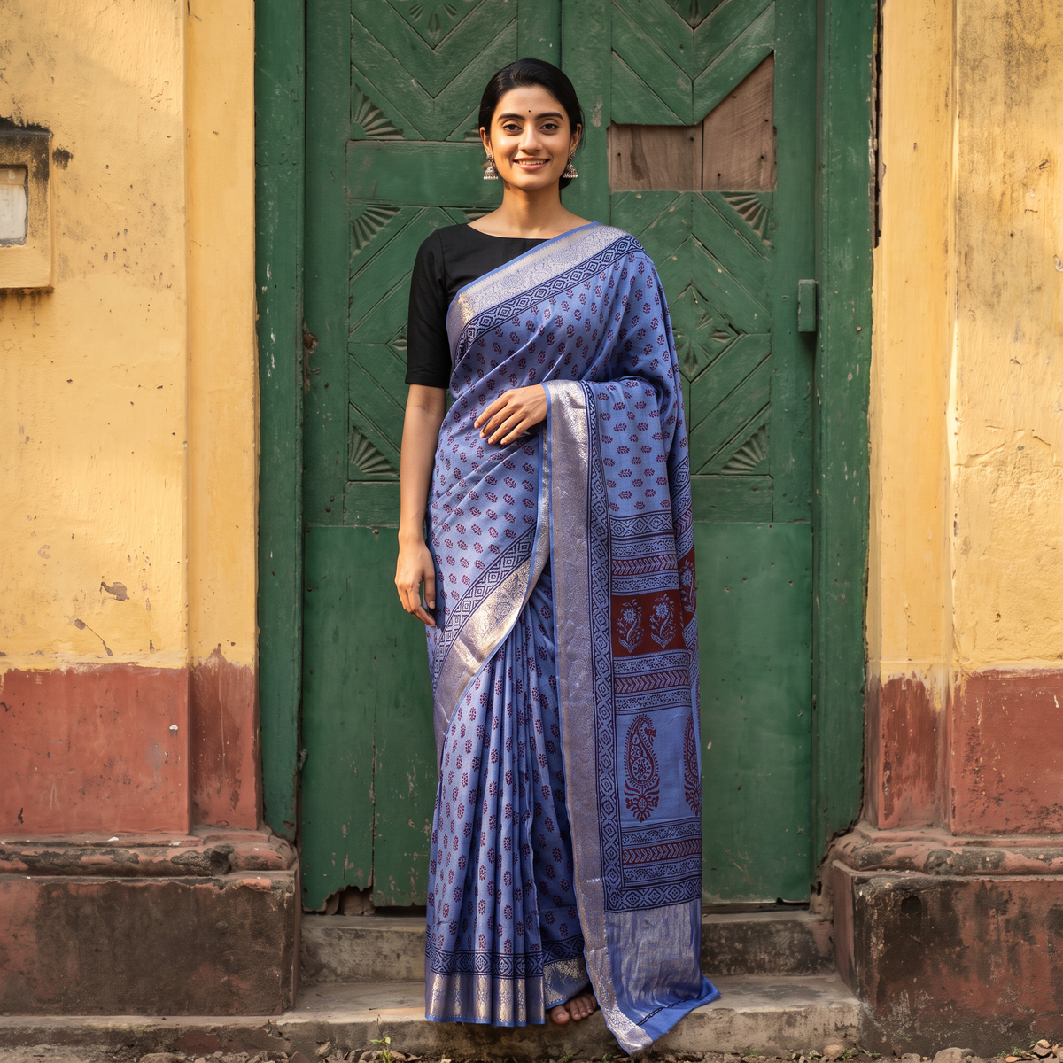 Blue Bagh Hand Block Print Natural Dyed Dola Silk Zari Border Saree, draped and worn by a woman, AI visual of the saree, iTokri