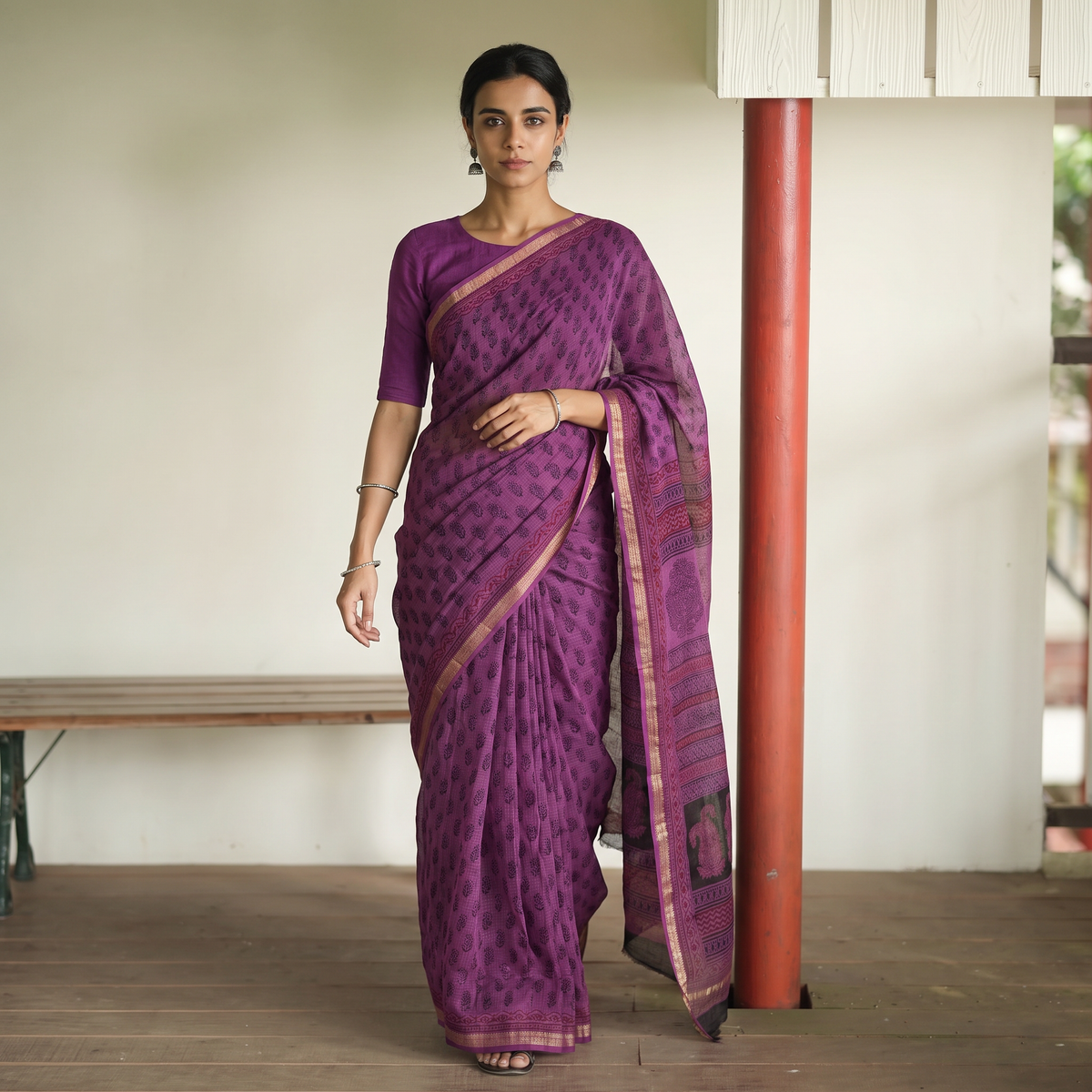 Purple Bagh Hand Block Print Natural Dyed Kota Doria Cotton Saree, draped and worn by a woman, AI visual of the saree, iTokri