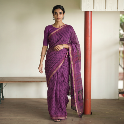 Purple Bagh Hand Block Print Natural Dyed Kota Doria Cotton Saree, draped and worn by a woman, AI visual of the saree, iTokri