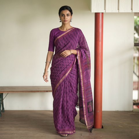 Purple Bagh Hand Block Print Natural Dyed Kota Doria Cotton Saree, draped and worn by a woman, AI visual of the saree, iTokri