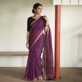 Purple Bagh Hand Block Print Natural Dyed Kota Doria Cotton Saree, draped and worn by a woman, AI visual of the saree, iTokri