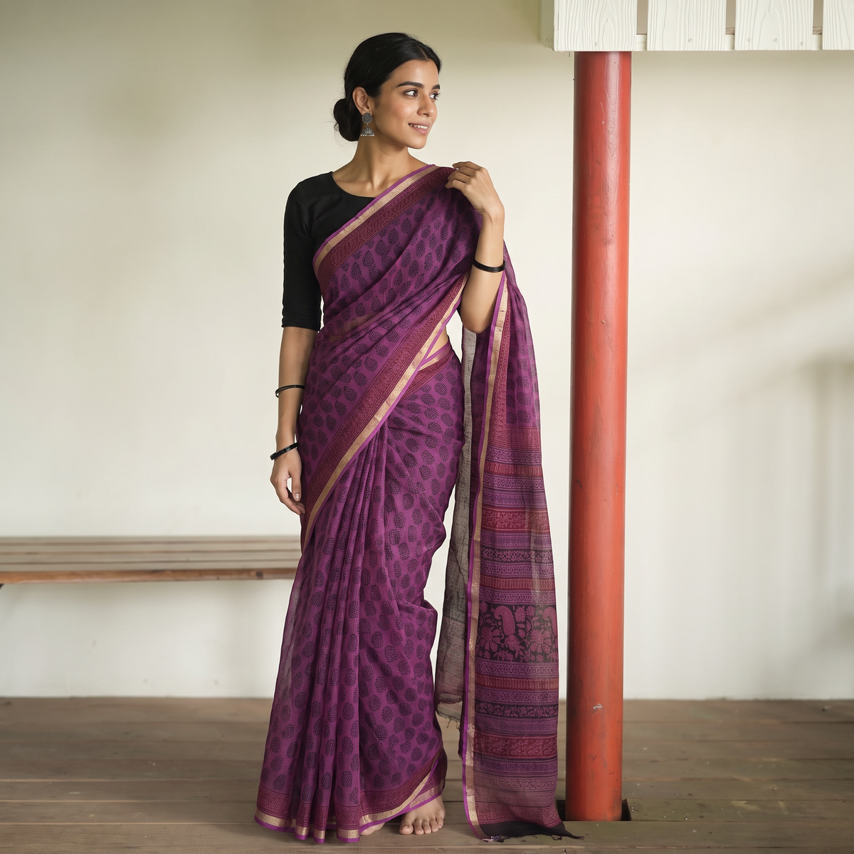 Purple Bagh Hand Block Print Natural Dyed Kota Doria Cotton Saree, draped and worn by a woman, AI visual of the saree, iTokri
