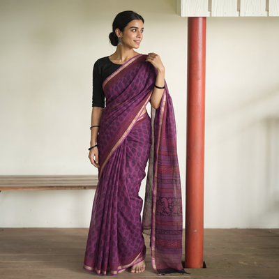 Purple Bagh Hand Block Print Natural Dyed Kota Doria Cotton Saree, draped and worn by a woman, AI visual of the saree, iTokri