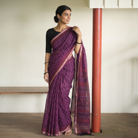 Purple Bagh Hand Block Print Natural Dyed Kota Doria Cotton Saree, draped and worn by a woman, AI visual of the saree, iTokri