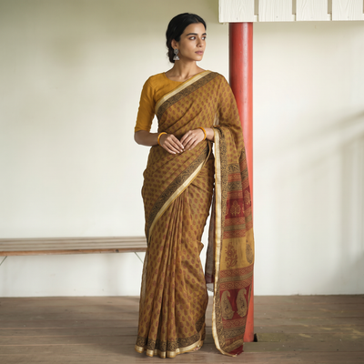 Brown Bagh Hand Block Print Natural Dyed Kota Doria Cotton Saree, draped and worn by a woman, AI visual of the saree, iTokri