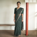 Green Bagh Hand Block Print Natural Dyed Kota Doria Cotton Saree, draped and worn by a woman, AI visual of the saree, iTokri
