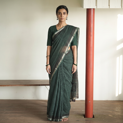 Green Bagh Hand Block Print Natural Dyed Kota Doria Cotton Saree, draped and worn by a woman, AI visual of the saree, iTokri