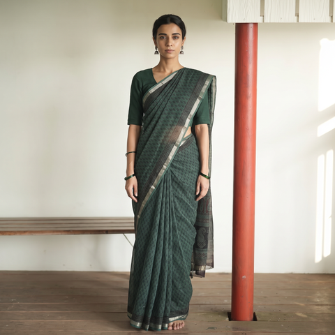 Green Bagh Hand Block Print Natural Dyed Kota Doria Cotton Saree, draped and worn by a woman, AI visual of the saree, iTokri