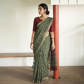 Green Bagh Hand Block Print Natural Dyed Kota Doria Cotton Saree, draped and worn by a woman, AI visual of the saree, iTokri