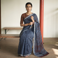 Blue Bagh Hand Block Print Natural Dyed Kota Doria Cotton Saree, draped and worn by a woman, AI visual of the saree, iTokri