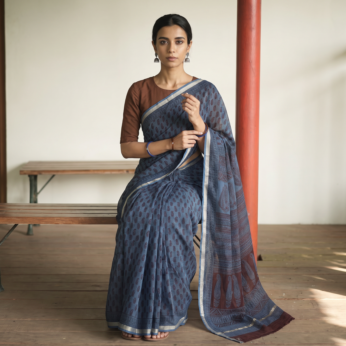 Blue Bagh Hand Block Print Natural Dyed Kota Doria Cotton Saree, draped and worn by a woman, AI visual of the saree, iTokri