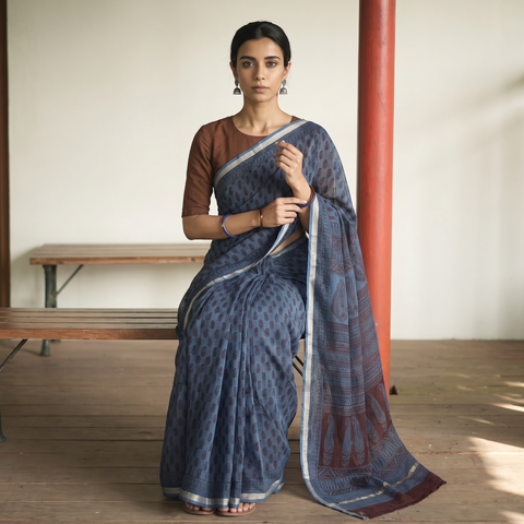 Blue Bagh Hand Block Print Natural Dyed Kota Doria Cotton Saree, draped and worn by a woman, AI visual of the saree, iTokri