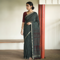 Green Bagh Hand Block Print Natural Dyed Kota Doria Cotton Saree, draped and worn by a woman, AI visual of the saree, iTokri