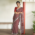 Maroon Bagh Hand Block Print Natural Dyed Kota Doria Cotton Saree, draped and worn by a woman, AI visual of the saree, iTokri