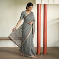 Grey Bagh Hand Block Print Natural Dyed Kota Doria Cotton Saree, draped and worn by a woman, AI visual of the saree, iTokri