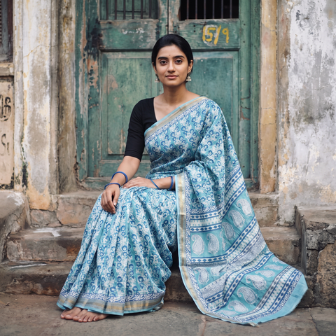 Blue Bagh Hand Block Print Natural Dyed Maheshwari Silk Zari Border Saree, draped and worn by a woman, AI visual of the saree, iTokri