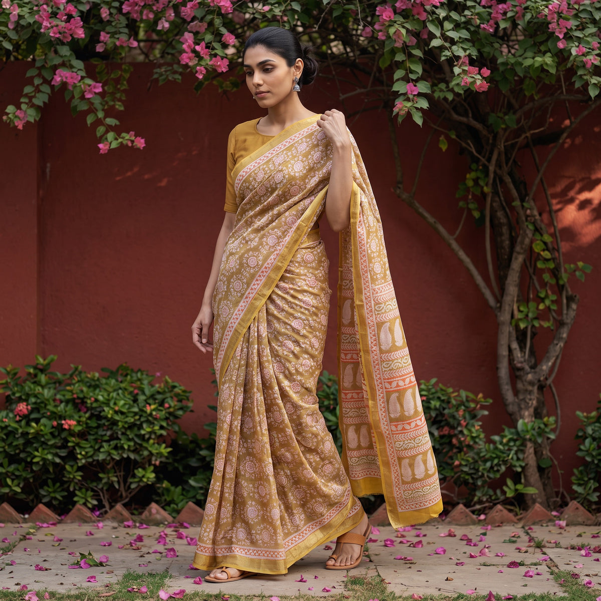 Yellow Bagh Hand Block Print Natural Dyed Maheshwari Silk Zari Border Saree, worn by a woman walking in a garden courtyard, AI visual of the saree, iTokri